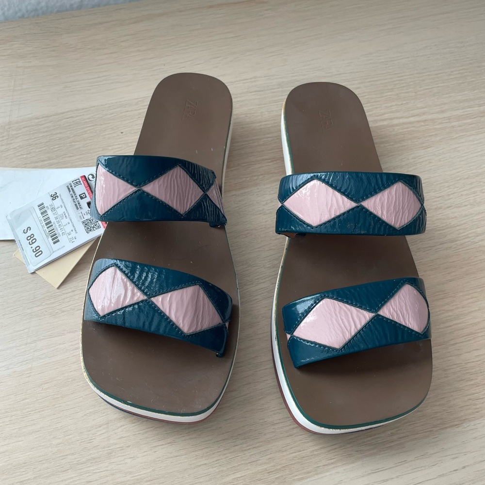 NIB Zara Studio Asian Style Leather Clogs Sandals Pink Dark Teal - Picture 4 of 8